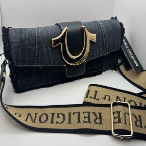 NWT True Religion Women's Frayed Denim Shoulder Bag Crossbody
